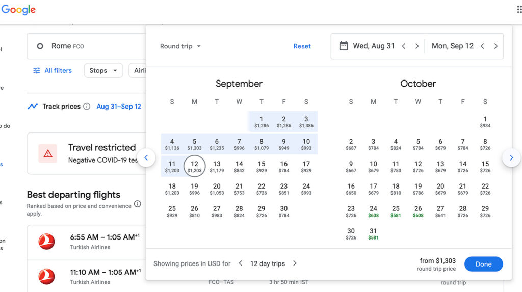 screenshot of flight price calendar on google flights