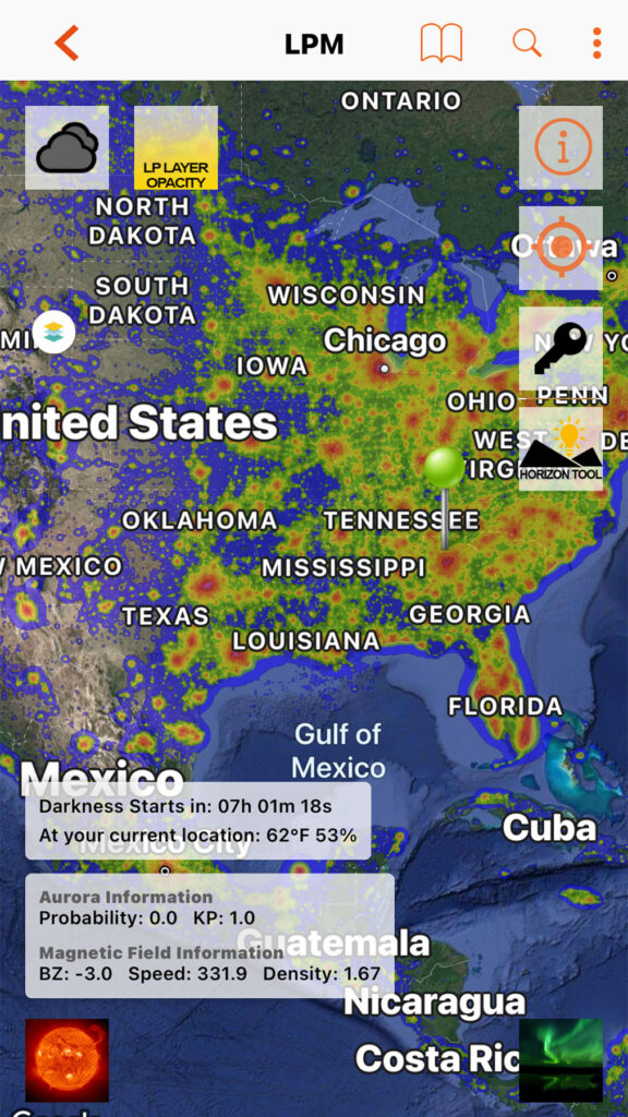 screenshot of light pollution app showing levels on a map