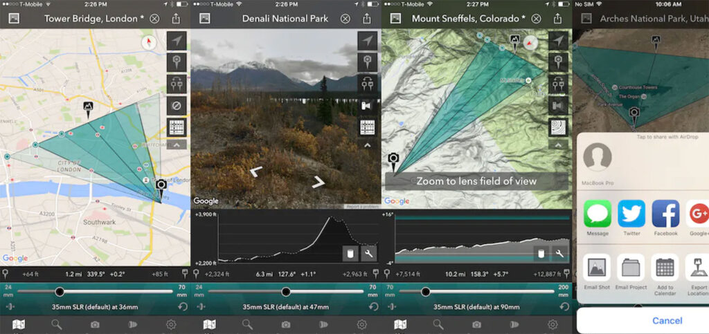 screenshots from the photo ephemeris iOS app called Photo Transit for outdoor photographers
