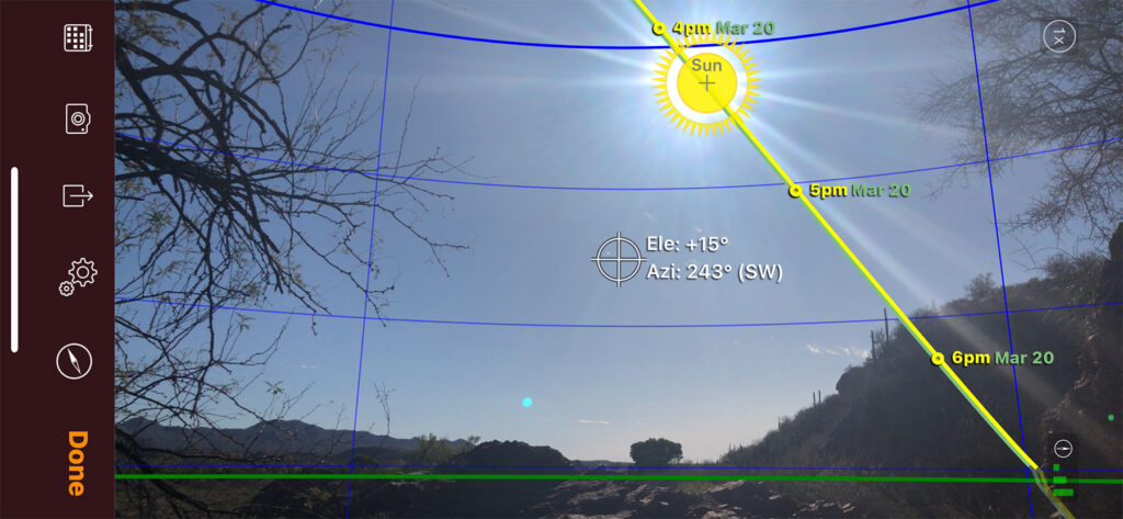 screenshot of sun seeker app 3d view used as a photography app and tool