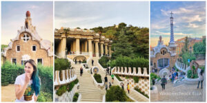 triptych of photos showing what it's like to visit Barcelona's park guell in low season - fewer crowds