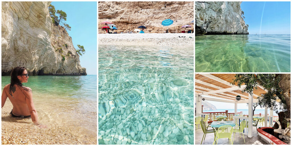 photo collage showing pebbly cliffside beaches with clear water on the Gargano peninsula of Puglia, Italy