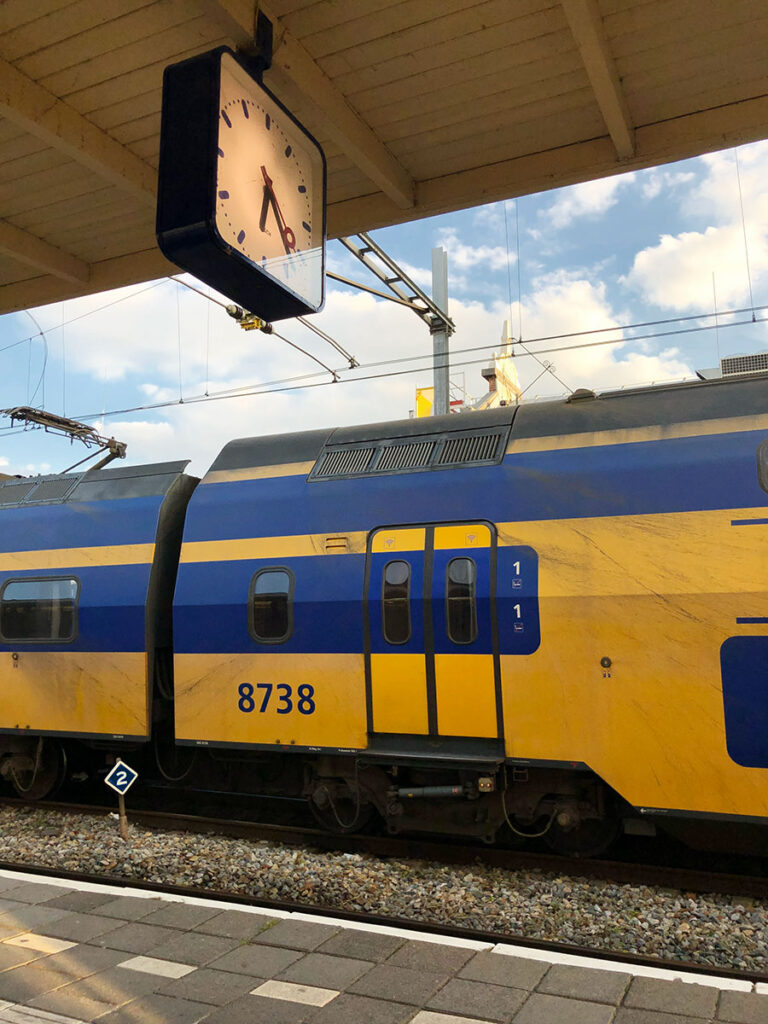 distinctive blue and yellow dutch train at the Hoorn train station