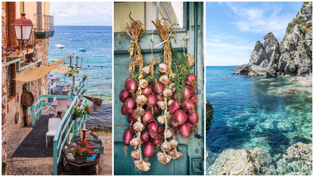 triptych of photos around Calabria italy showing onions, boats, and clear blue sea